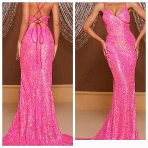 Pink, Cami, Backless, Spaghetti Strap,  Sequined Gown